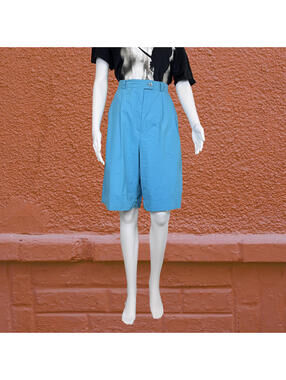 Vintage Blue High Waist Shorts Pleated Tailored Bermuda Shorts Small to Medium